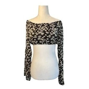 Olivaceous Floral Print Off The Shoulder Top Black White Yellow Crop Bell Sleeve